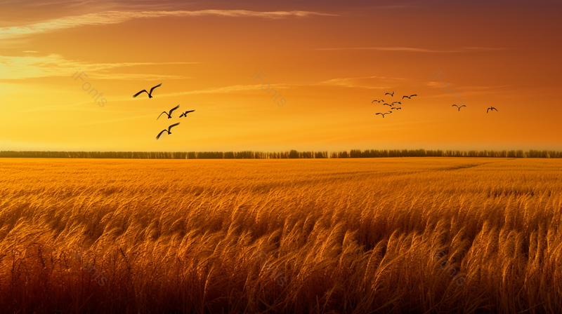 芒种金色广阔稻田飞鸟自然,高清,摄影图,摄影图片,图片大全,摄影图免费下载